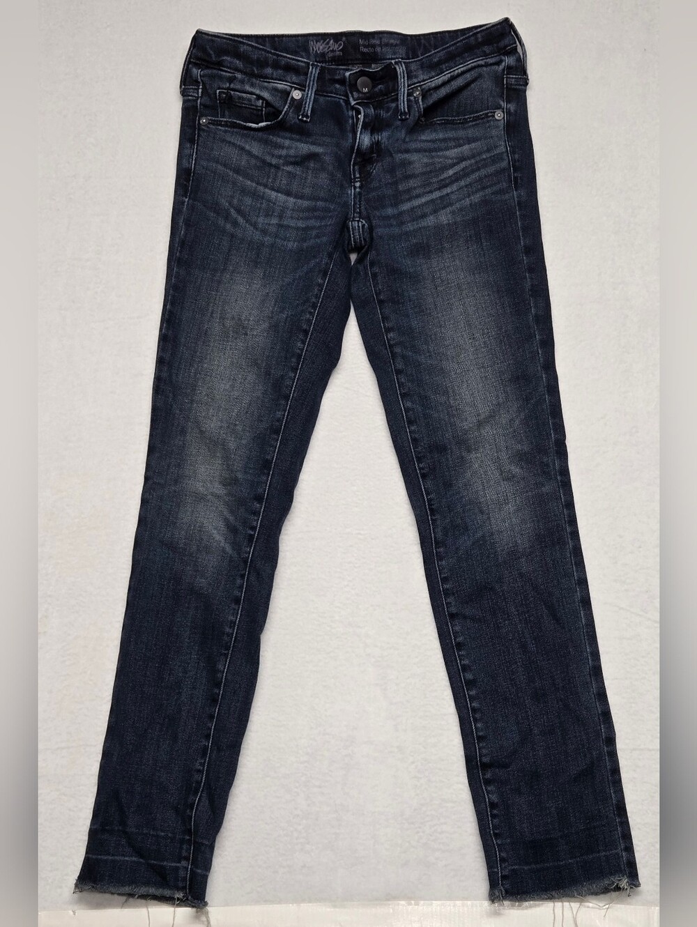 Mossimo Denim Jeans Mid Rise Skinny Power Stretch Raw Leg Hem Style